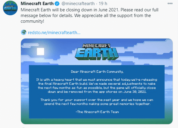 MinecraftEarth team: Minecraft Earth will be closing down in June
