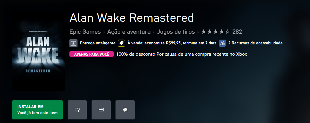 Olha essa: um dos melhores jogos da Remedy, o Alan Wake, ficou "gratuito" na loja do Xbox por conta de um bug relacionado ao Free Play Days.