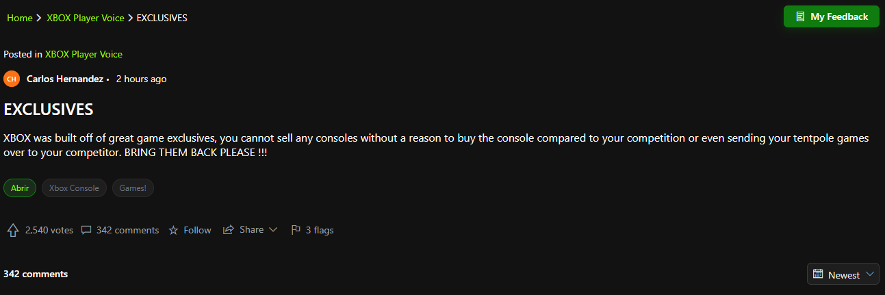 O assunto de jogos exclusivos é o mais comentado no site de feedback do Xbox, que foi lançado nesta tarde (18).