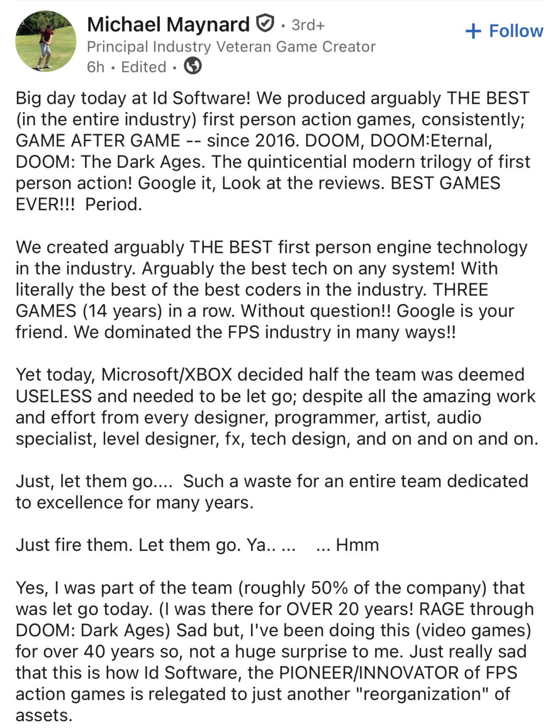 Um ex-funcionário afirmou que cerca de 50% da id Software foi demitida durante reestruturação do Xbox, anunciada ontem (06).
